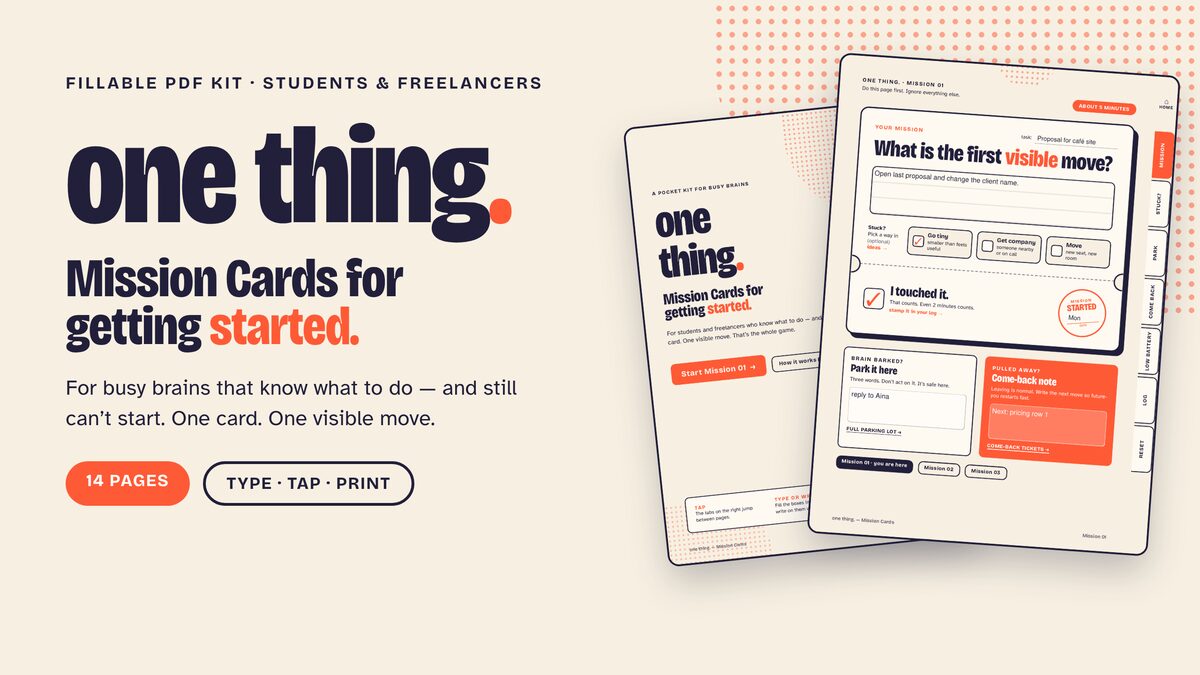 one thing. — Mission Cards for getting started, a 14-page fillable PDF